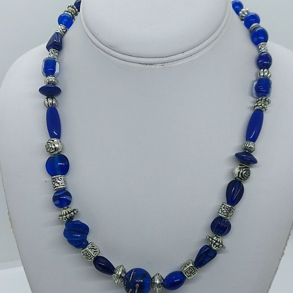 Blue and silver beaded necklace